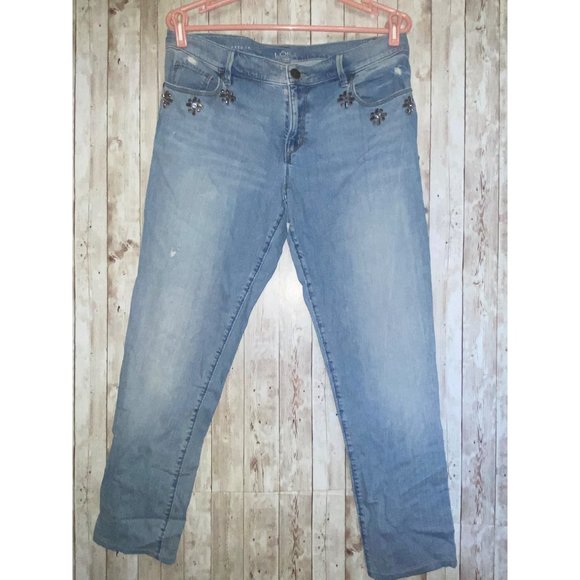 Ann Taylor Loft Distressed Relaxed Skinny Rhinestone Blue Jeans Size 29 or 8 - Picture 1 of 10